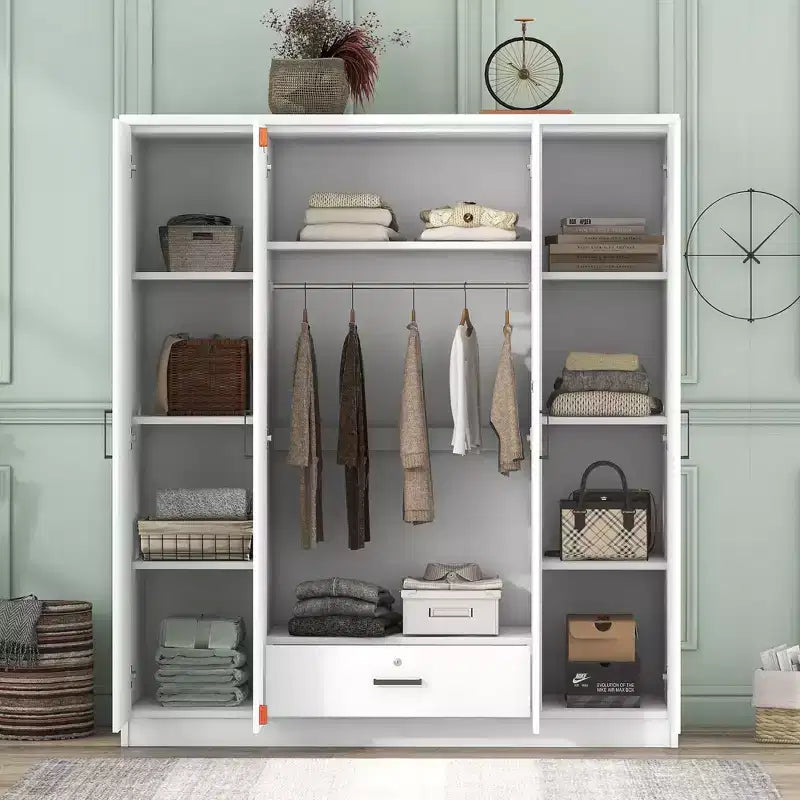 Whisen Wood 4-Door Wardrobe Armoire with Hanging Rod, 1-Drawer and Storage Shelves