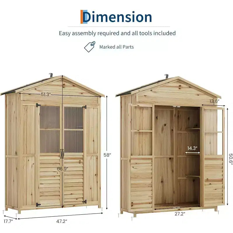 Weather-Resistant Wooden Patio Cabinet  Fir Wood with Waterproof Roof, 6 Adjustable Shelves, Stakes & Anti-Falling Kits  Ideal for Garden Tools