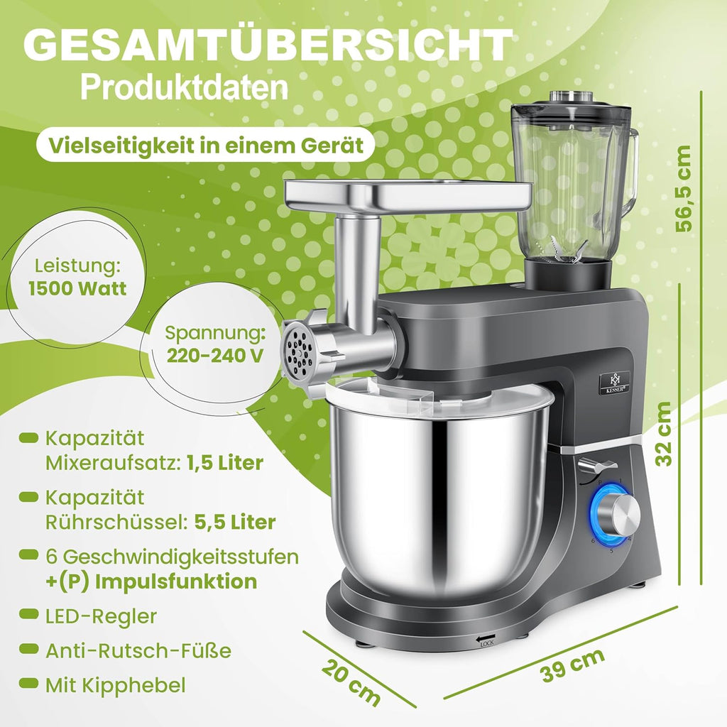 KESSER Robot de cuisine universel 3 en 1 K-KM 3000 avec hachoir à viande, pétrisseur, mélangeur multifonction, bol de 5,5 l avec 3 outils mélangeurs, presse-agrumes 1,5 l, kit d'accessoires, pâtes et