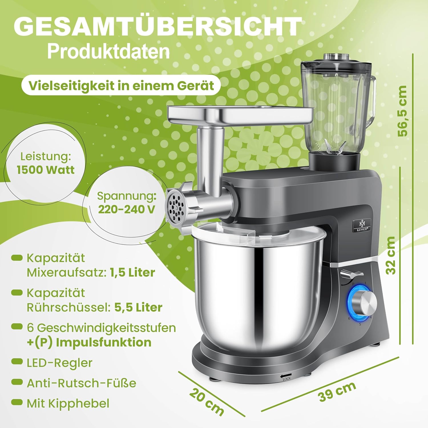 KESSER Robot de cuisine universel 3 en 1 K-KM 3000 avec hachoir à viande, pétrisseur, mélangeur multifonction, bol de 5,5 l avec 3 outils mélangeurs, presse-agrumes 1,5 l, kit d'accessoires, pâtes et