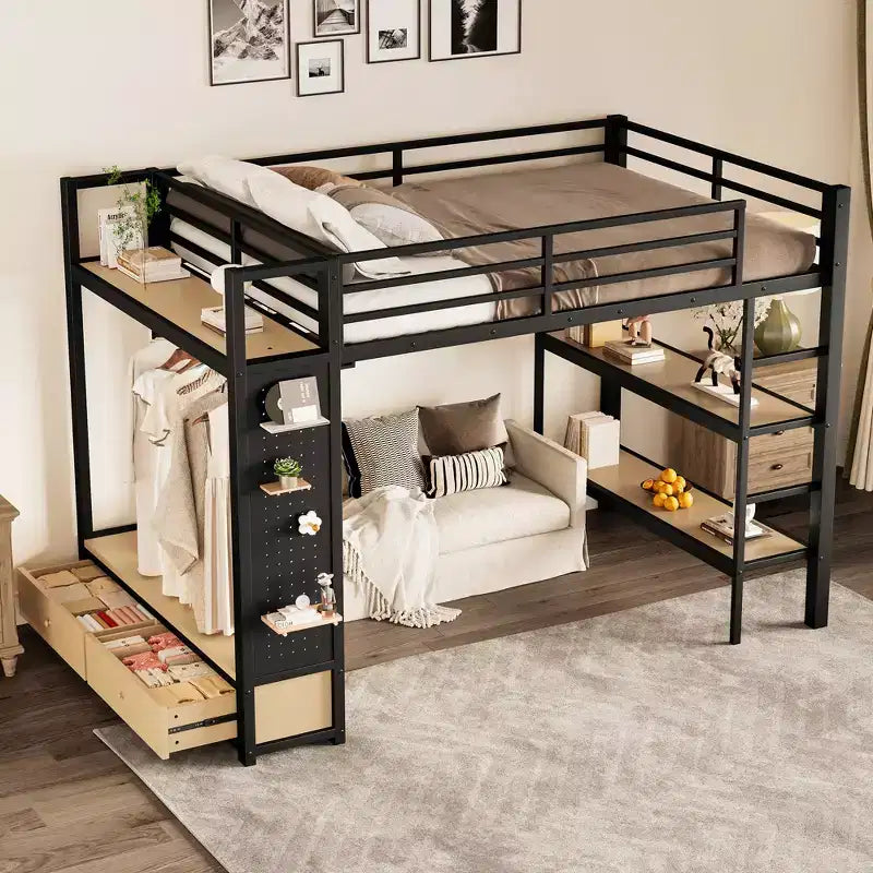 Full/Queen Size Metal Loft Bed Frame, All-In-One with Wardrobe, Storage Shelves & Pegboard, Black - ModernLuxe