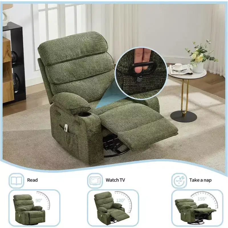 Massage Rocker Recliner with Heating, 360 Swivel Glider Recliner Chairs for Adults, Linen Nursery Chair with Side Pocket, Two Cup Holders