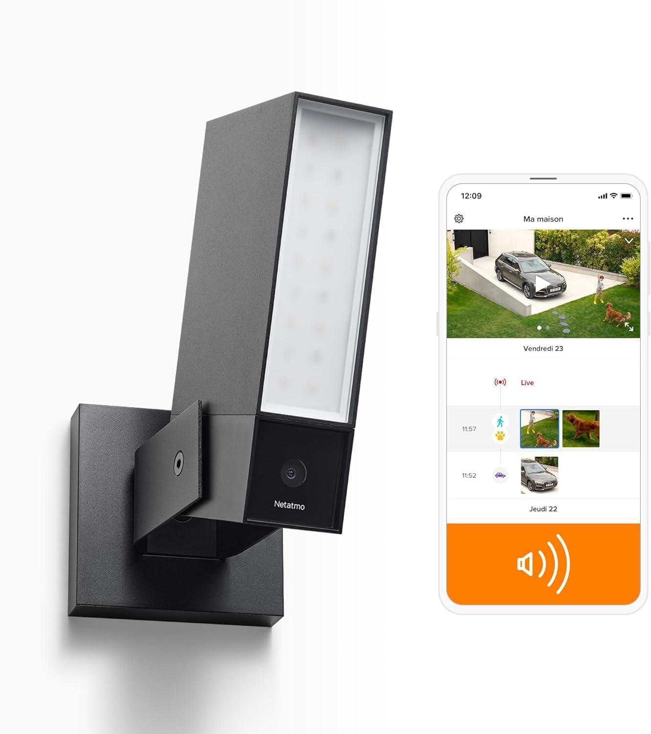 Netatmo Caméra de Surveillance Extérieure Intelligente avec Sirène 105dB, WiFi, Eclairage Intégré 12W, Détection des Mouvements, Vision Nocturne, Vidéo HD, Stockage Local, Aucun Abonnement, NOC-S-AMZ