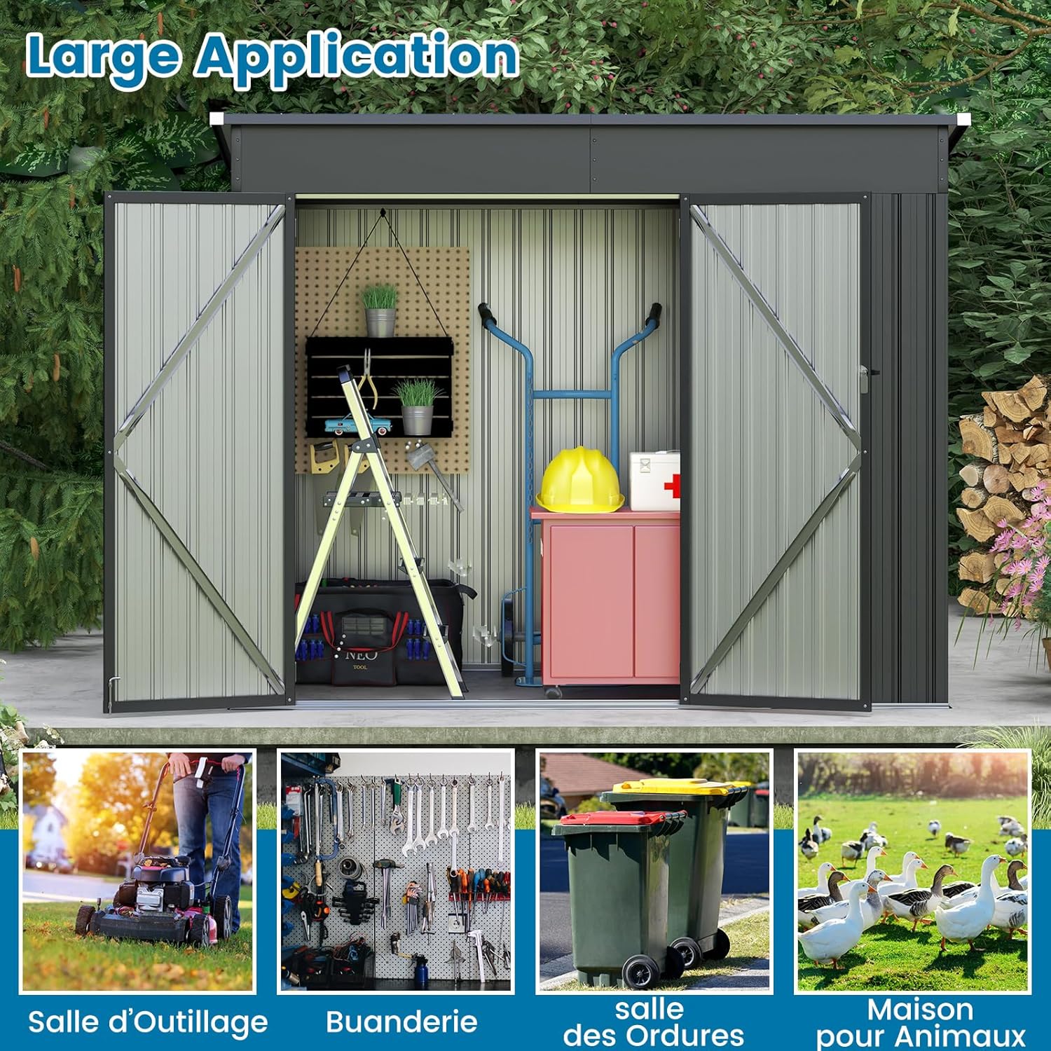 COSTWAY Abri de Jardin en Métal 2,6㎡, Cabane Jardin Exterieur en Acier Galvanisé 5,7 m³ avec Loquet, Porte avec serrure et clé, Toit en Pente, 4 Gants, 2 Trous d’Aérations, Abri Exterieur (Gris foncé)