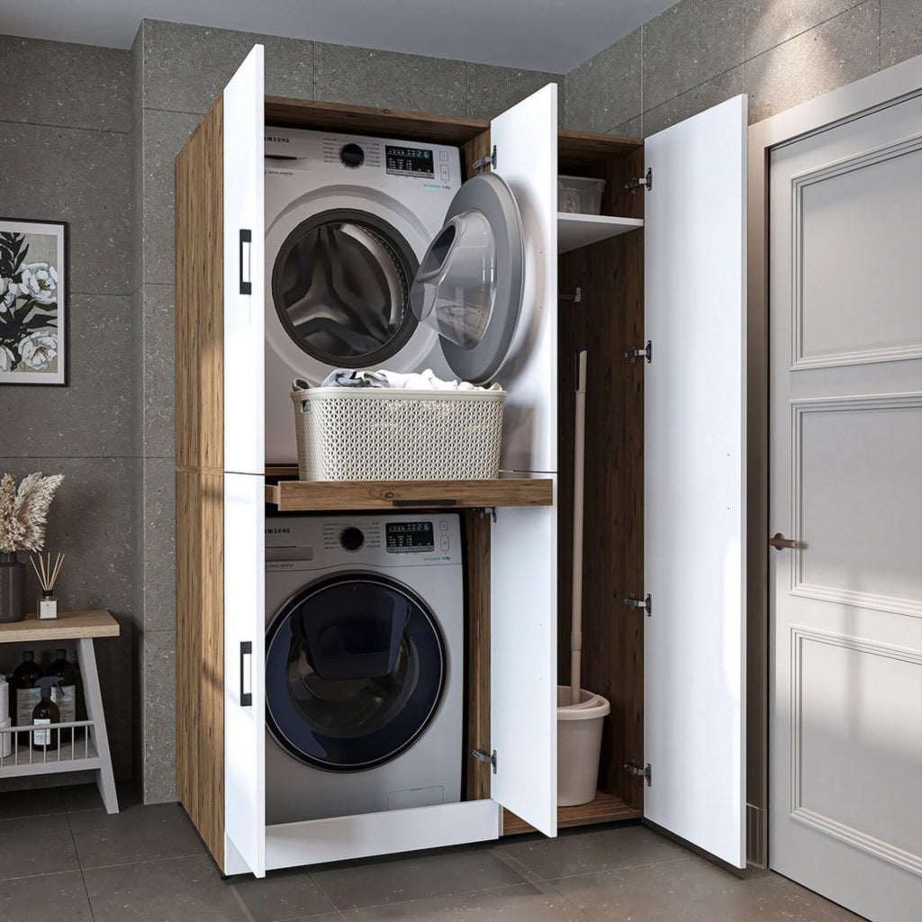 ROOMART Dora - Meuble pour machine à laver - Pour sèche-linge et machine à laver - En 4 couleurs - Avec portes et panneau coulissant - Blanc - Chêne blanc - Chêne anthracite - Chêne blanc (chêne blanc)