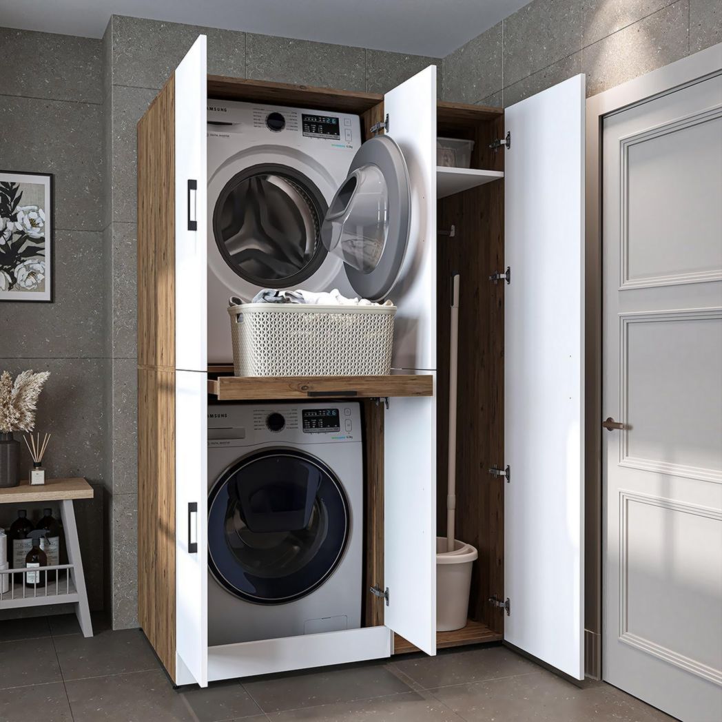 ROOMART Dora - Meuble pour machine à laver - Pour sèche-linge et machine à laver - En 4 couleurs - Avec portes et panneau coulissant - Blanc - Chêne blanc - Chêne anthracite - Chêne blanc (chêne blanc)