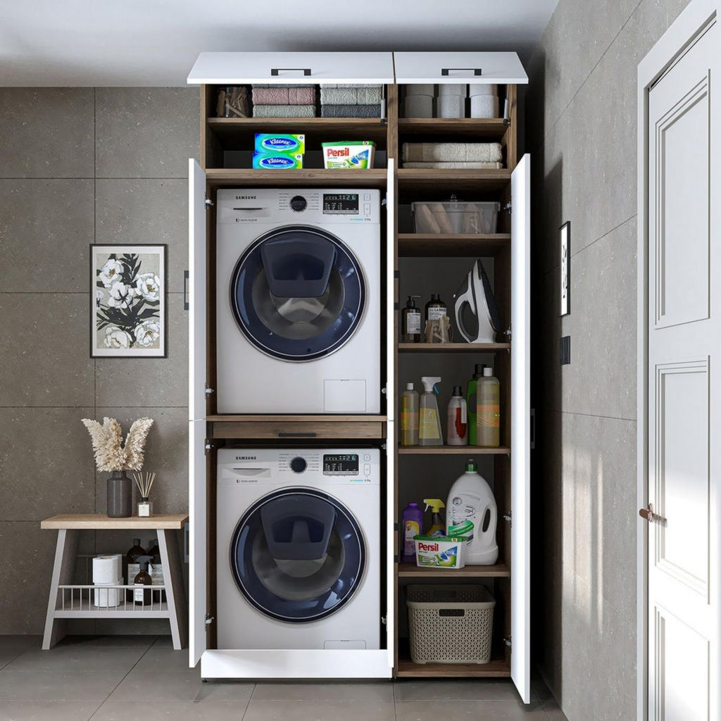 ROOMART Dora - Meuble pour machine à laver - Pour sèche-linge et machine à laver - En 4 couleurs - Avec portes et panneau coulissant - Blanc - Chêne blanc - Chêne anthracite - Chêne blanc (chêne blanc)
