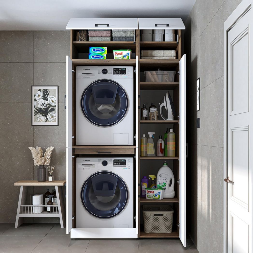 ROOMART Dora - Meuble pour machine à laver - Pour sèche-linge et machine à laver - En 4 couleurs - Avec portes et panneau coulissant - Blanc - Chêne blanc - Chêne anthracite - Chêne blanc (chêne blanc)