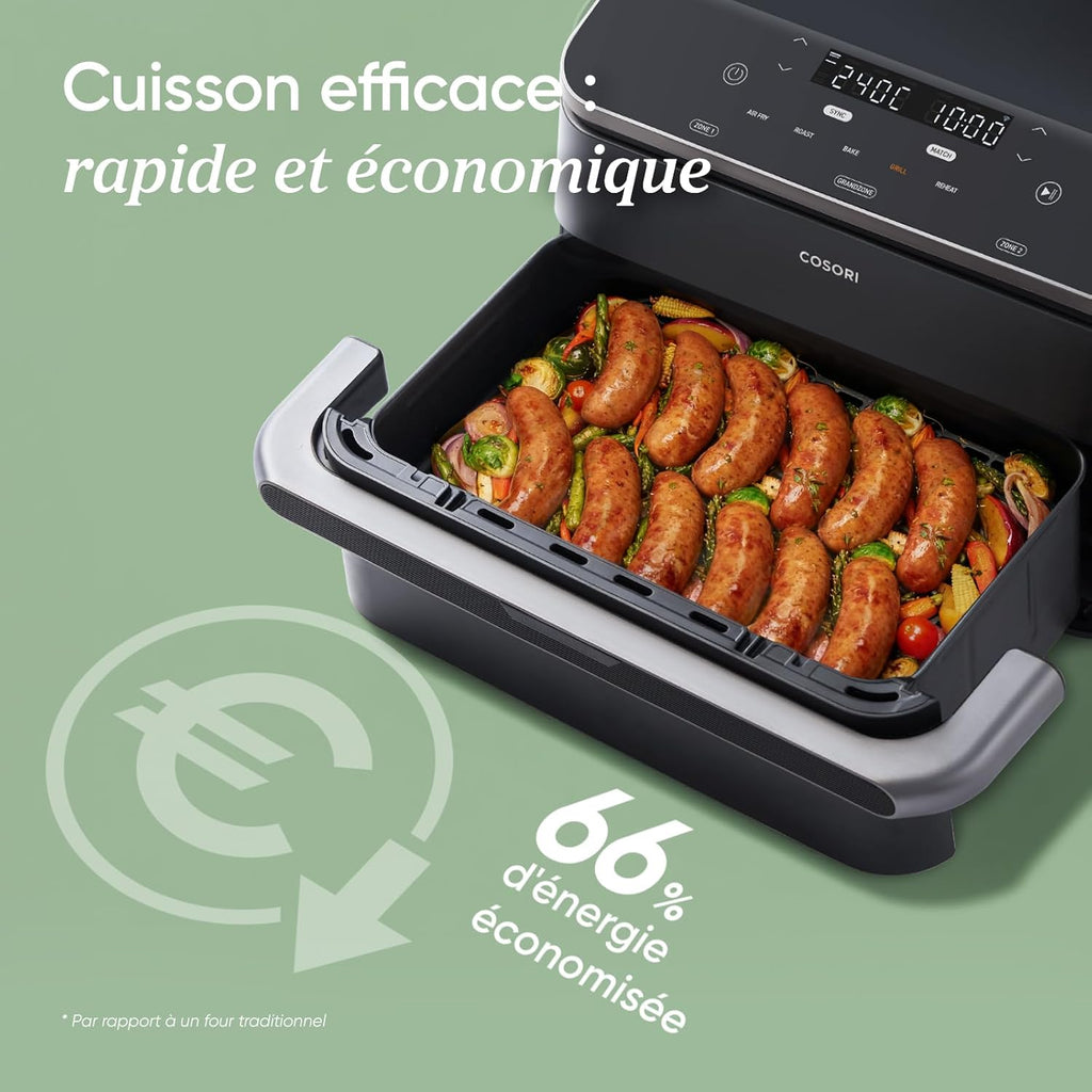 COSORI Air Fryer 10L Twinfry, Friteuse sans Huile Double Résistance, Airfryer à Dual Zone Avec Séparateur Amovible, 5-en-1, Grande Capacité, Cuisson optimale, 40℃-240℃, Contrôle Smart via App