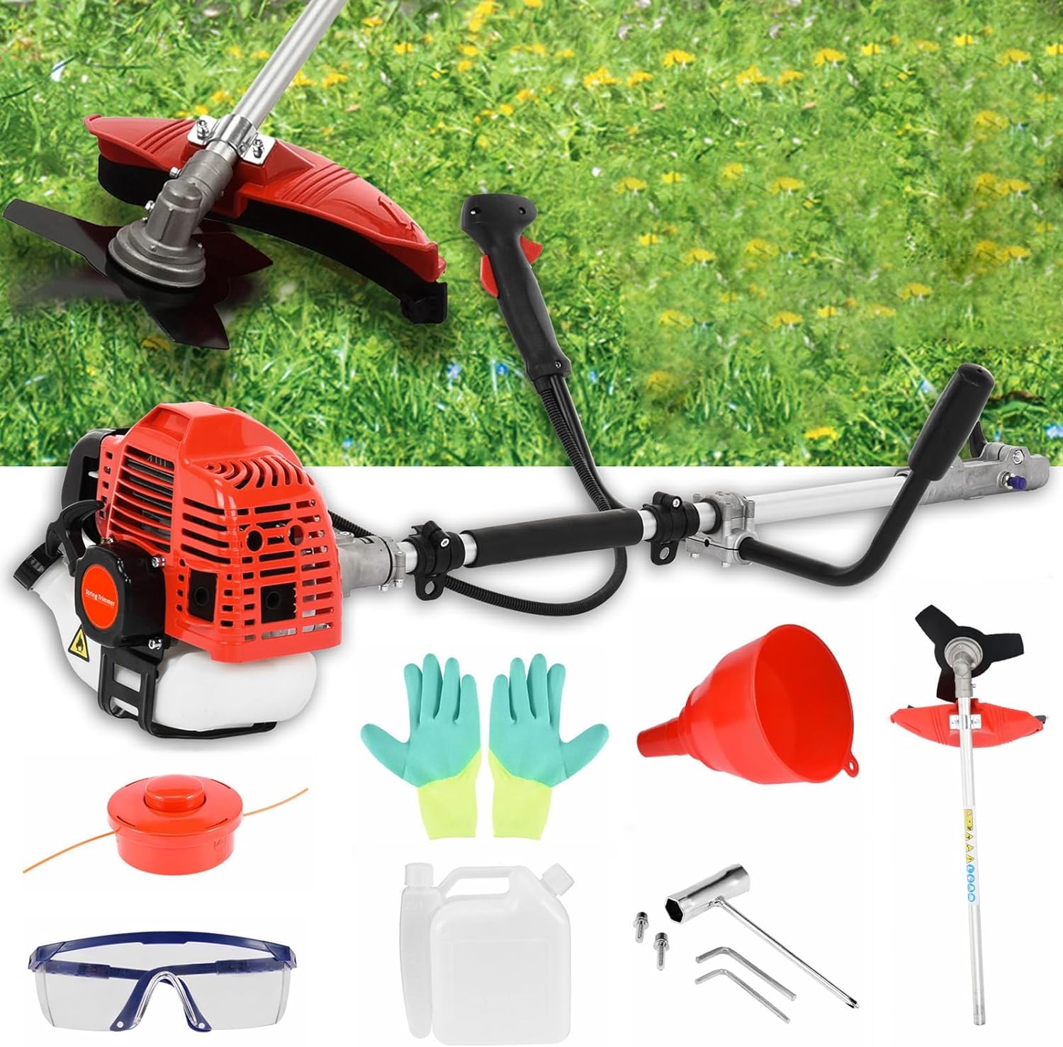Bordures et Débroussailleuse à Essence 52CC 2.2KW - Tronçonneuse Portative à Moteur 2 Temps - Tête Fil et Lame 3 Dents Incluses - 8500 TR/Min pour Hautes Herbes et Ronces Rouge