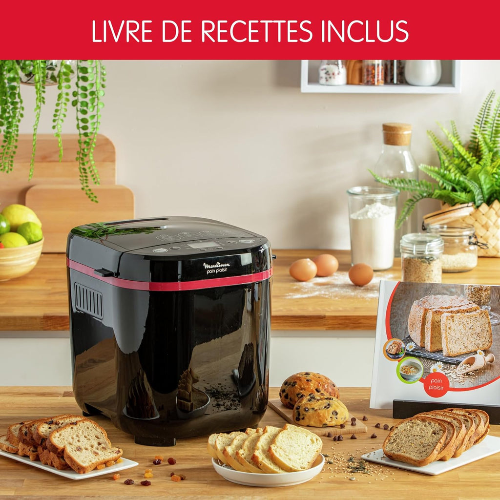 Moulinex Pain Plaisir Machine à pain, 1 Kg, 720W, 17 programmes, Programme sans gluten, Pain maison, Pizza, Départ différé 15 heures, 3 niveaux de dorage, OW220830 Noir