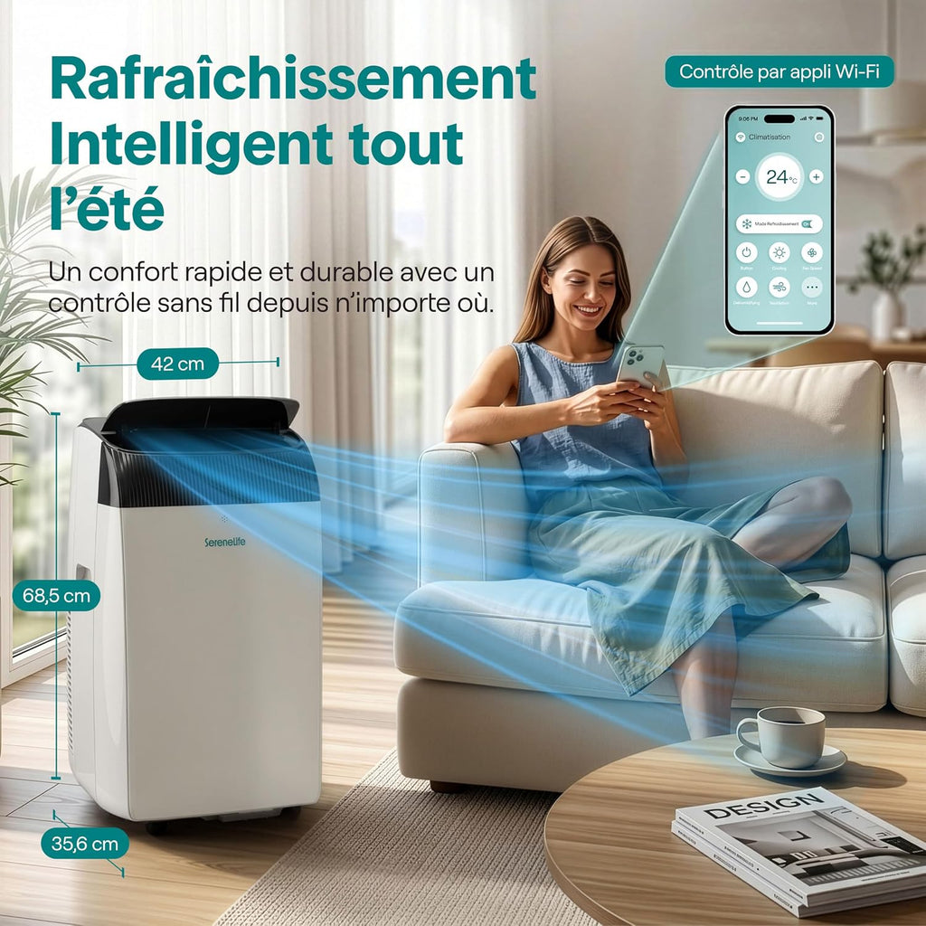 SereneLife Climatiseur Mobile 14000 BTU 2,9 kW avec Évacuation – WiFi 4 en 1 pour pièces jusqu’à 45 m², Refroidit Chauffe Ventile Déshumidifie
