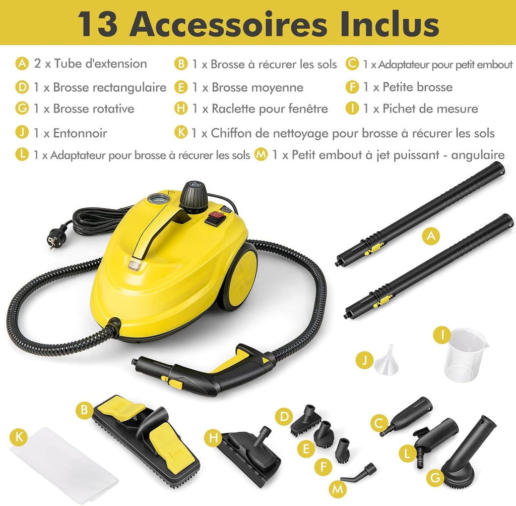 GOPLUS Nettoyeur Vapeur, 13 Accessoires, Pression 5 Bar Puissance 2000W avec Réservoir d'Eau 1,8L, Balai Vapeur pour Tapis, Fenêtre, Verre et Rideau
