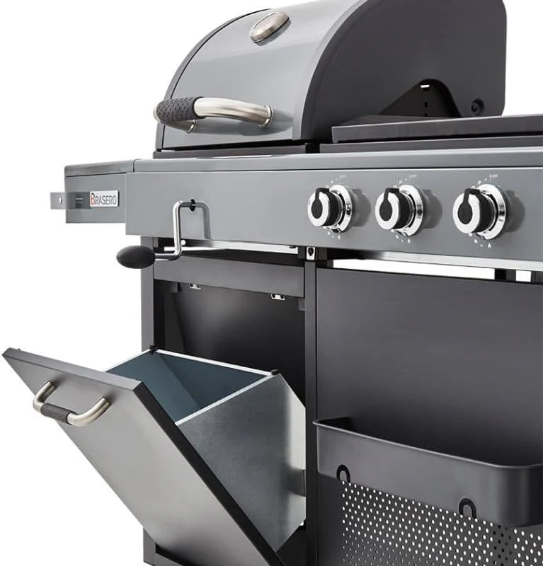 - Barbecue Bi-Energy Gun Metal XL - Barbecue Charbon et Plancha 60 x 42 cm à gaz avec brûleur latéral -12,95 KW