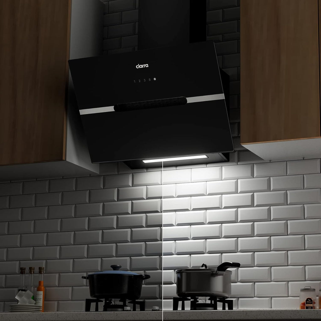 Ciarra CBCB6736F Classe A+++ Hotte Aspirante Inclinée 60cm - 650m³/h - Commande Tactile & Wi-Fi - Fonction Boost - Design en Verre Élégant - Noir