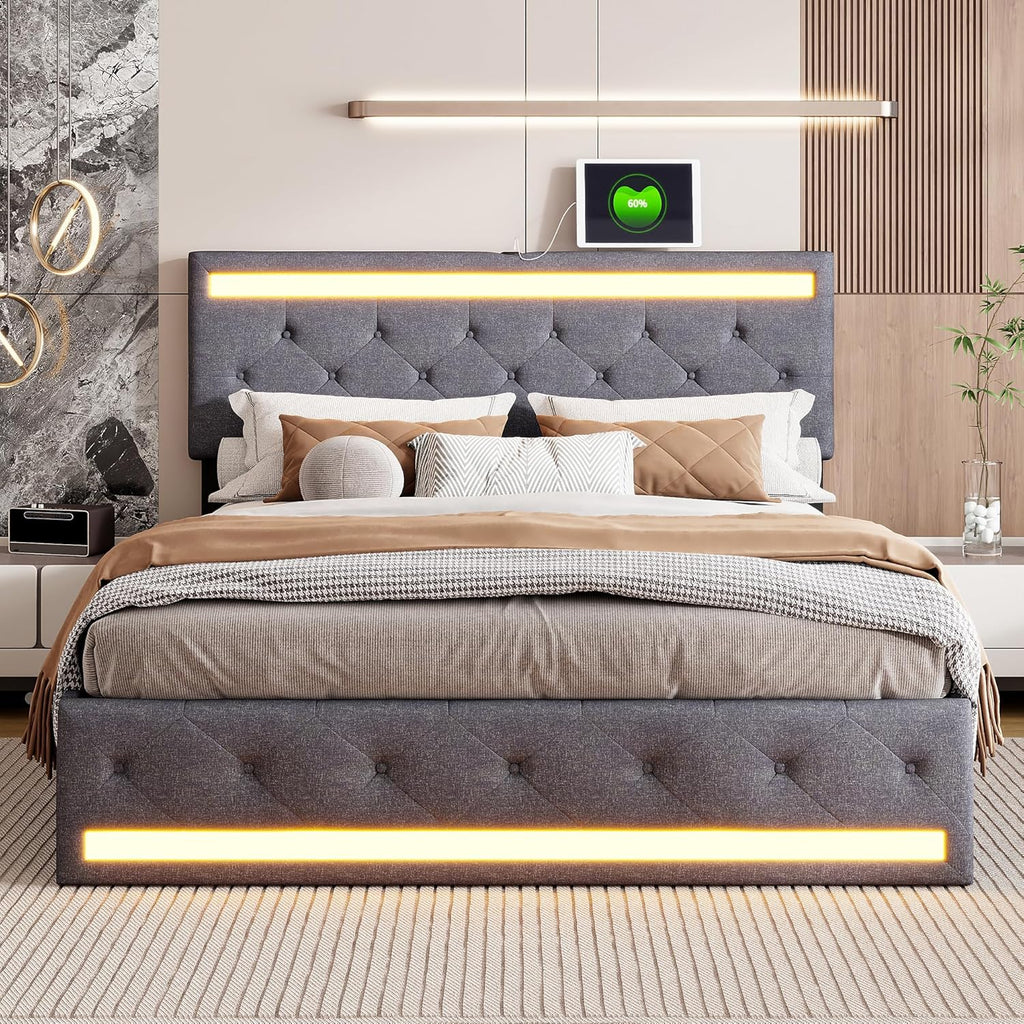 Lit double rembourré 140 x 190 cm avec 4 tiroirs, sommier à lattes, éclairage LED et ports USB, tête de lit réglable