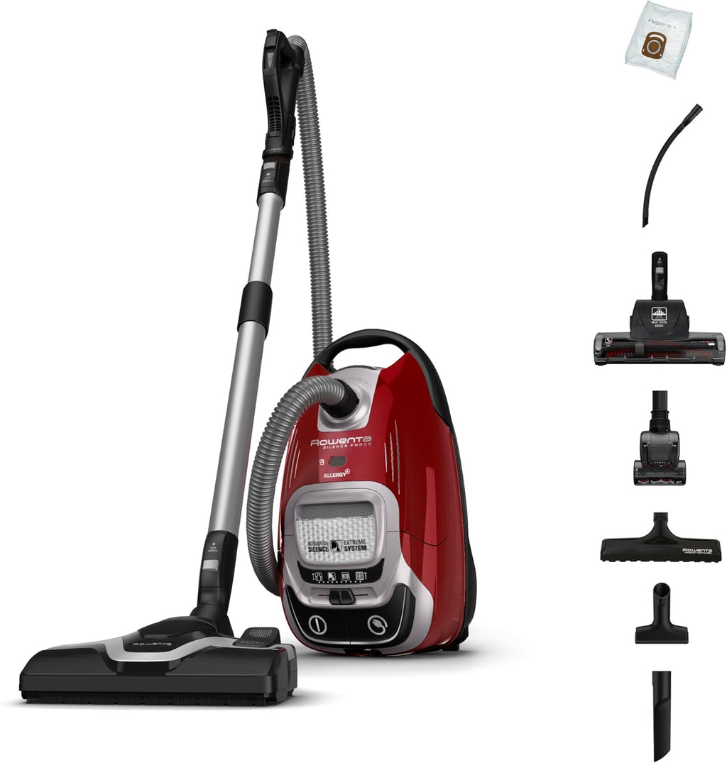 Rowenta Silence Force Effitech Aspirateur avec Sac, Basse Conso, Silencieux 57 DB(A), Filtration Haute efficacité, Rayon d'action 12 m, 4,5L RO7474EA, Rouge Tanin
