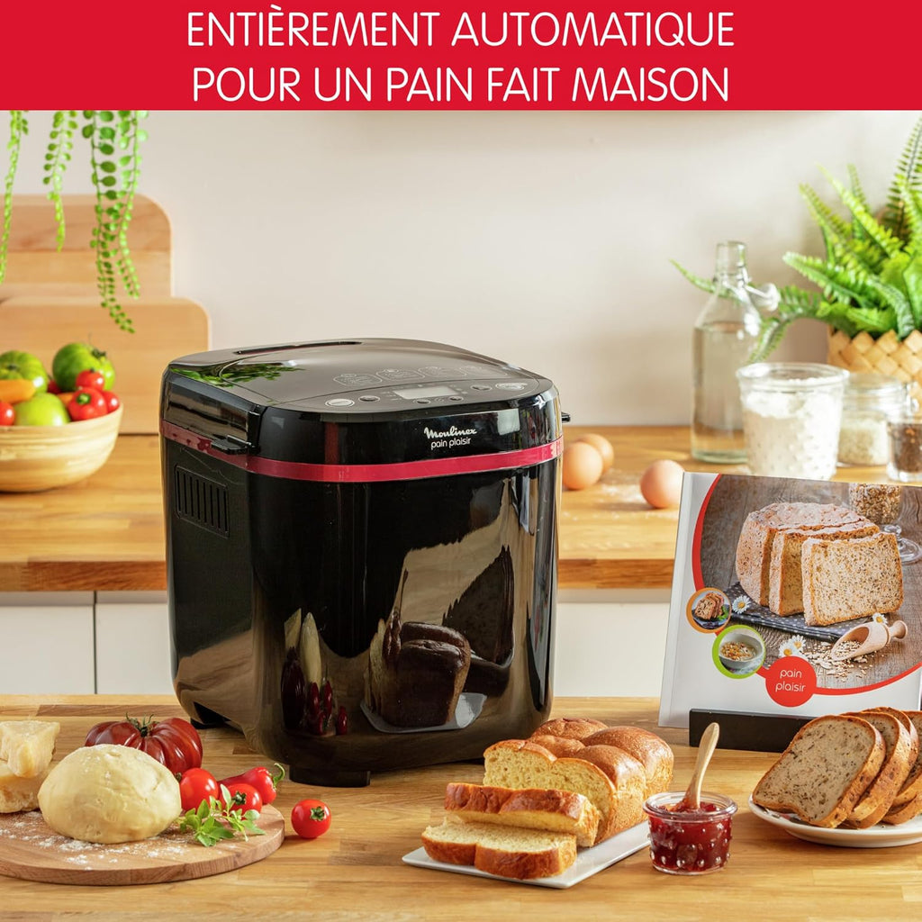 Moulinex Pain Plaisir Machine à pain, 1 Kg, 720W, 17 programmes, Programme sans gluten, Pain maison, Pizza, Départ différé 15 heures, 3 niveaux de dorage, OW220830 Noir