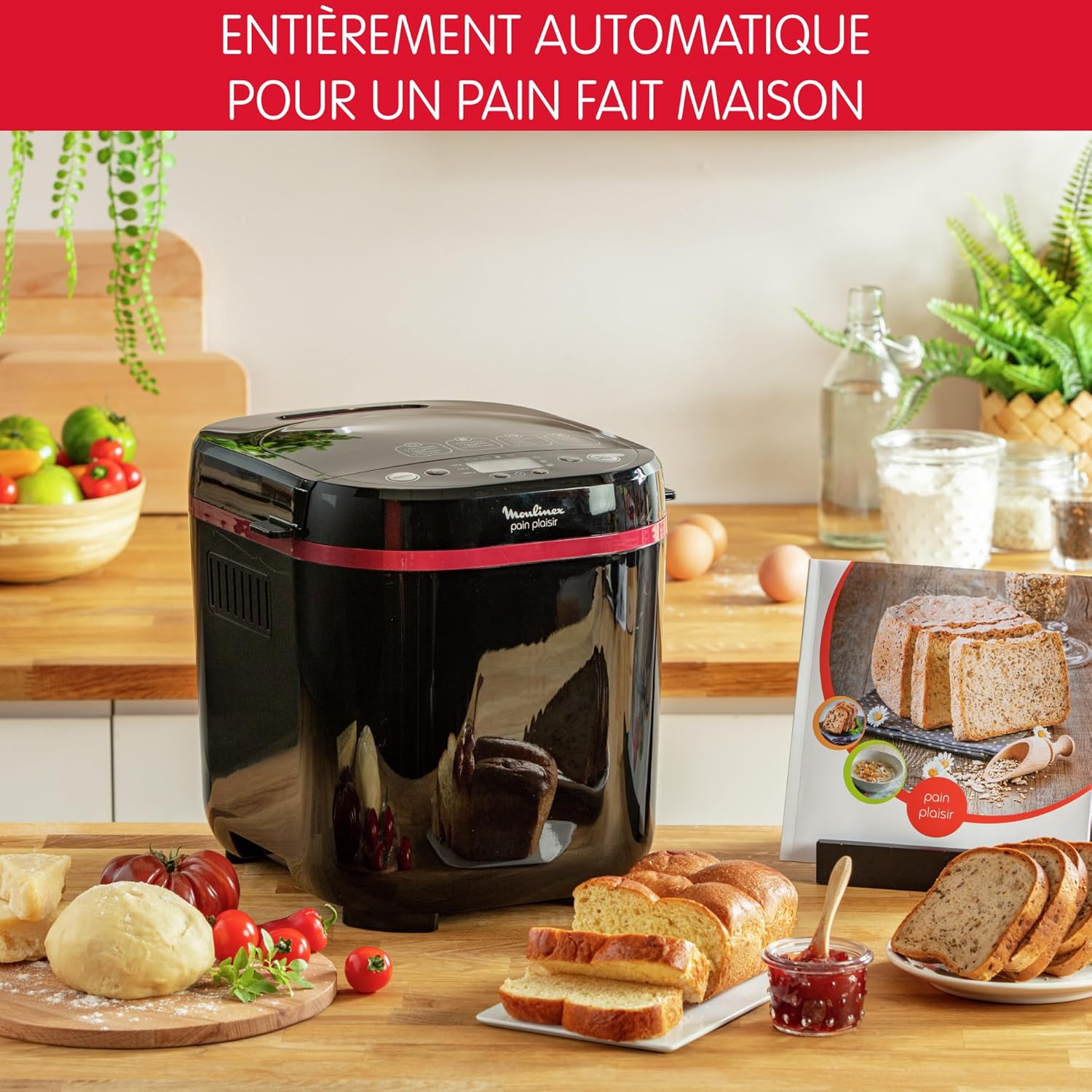 Moulinex Pain Plaisir Machine à pain, 1 Kg, 720W, 17 programmes, Programme sans gluten, Pain maison, Pizza, Départ différé 15 heures, 3 niveaux de dorage, OW220830 Noir