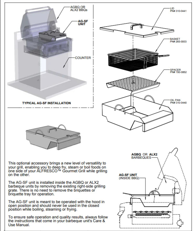 Alfresco 19-Inch Gas Grill in Stainless Steel Grill Mounted Steamer/Fryer