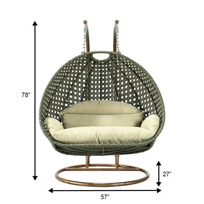 Egg-Shaped Hanging Swing Chair with Metal Stand, Wicker Frame & Cushion �C Beige / Charcoal Blue / White / Blue / Antique White / Brown / Canvas, Seats 2