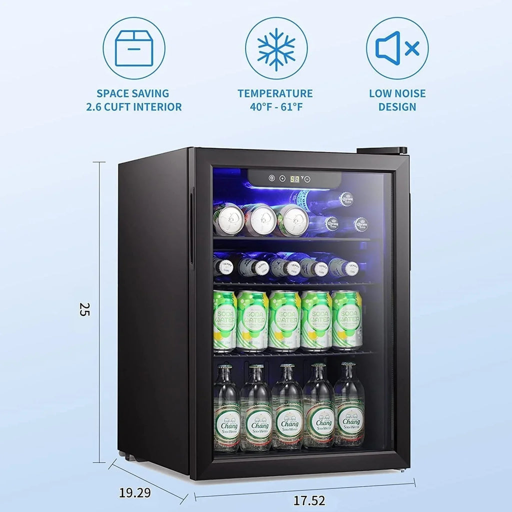 Mini Fridge-100 Can Beverage Refrigerator, Wine Cooler, Clear Front Glass Door, Small Drink Touch Screen - 2.6 Cu. Ft.
