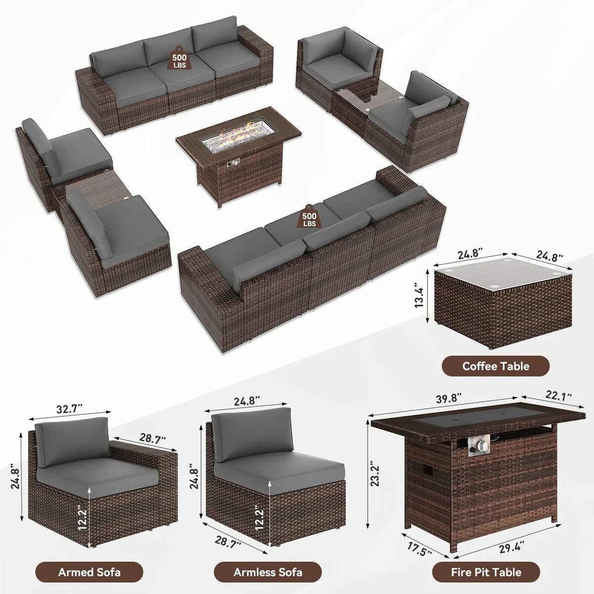 13 Pieces Patio Furniture Set with 44Fire Pit Table