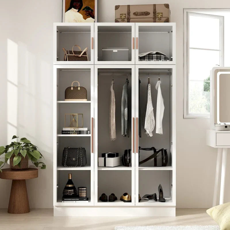 47.2 Wide Armoire LED Light All Glass Door Closet Cabinet Wardrobe