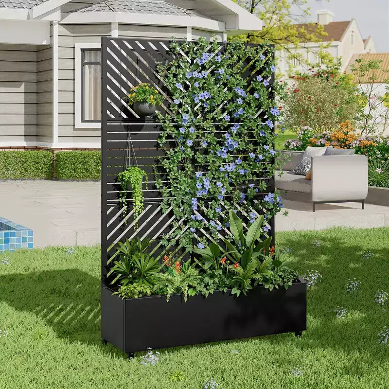 MAYEERTY Planter Box with Trellis Iron Black Parallel Line 01 Louvered Classic Combined Style 72x47x16in 3-Piece Set