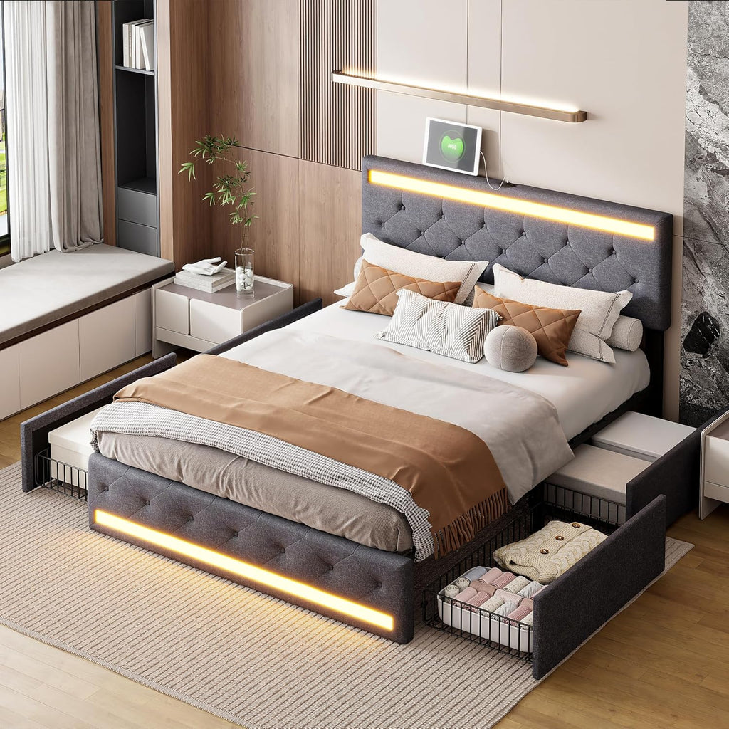 Lit double rembourré 140 x 190 cm avec 4 tiroirs, sommier à lattes, éclairage LED et ports USB, tête de lit réglable
