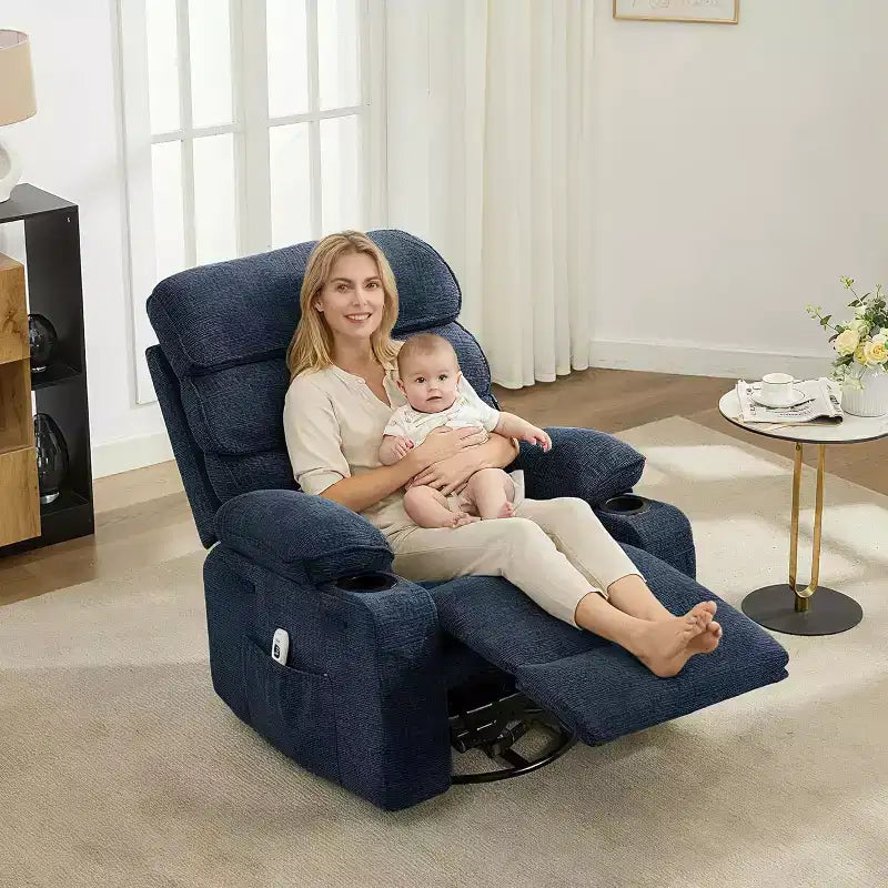 Massage Rocker Recliner with Heating, 360 Swivel Glider Recliner Chairs for Adults, Linen Nursery Chair with Side Pocket, Two Cup Holders