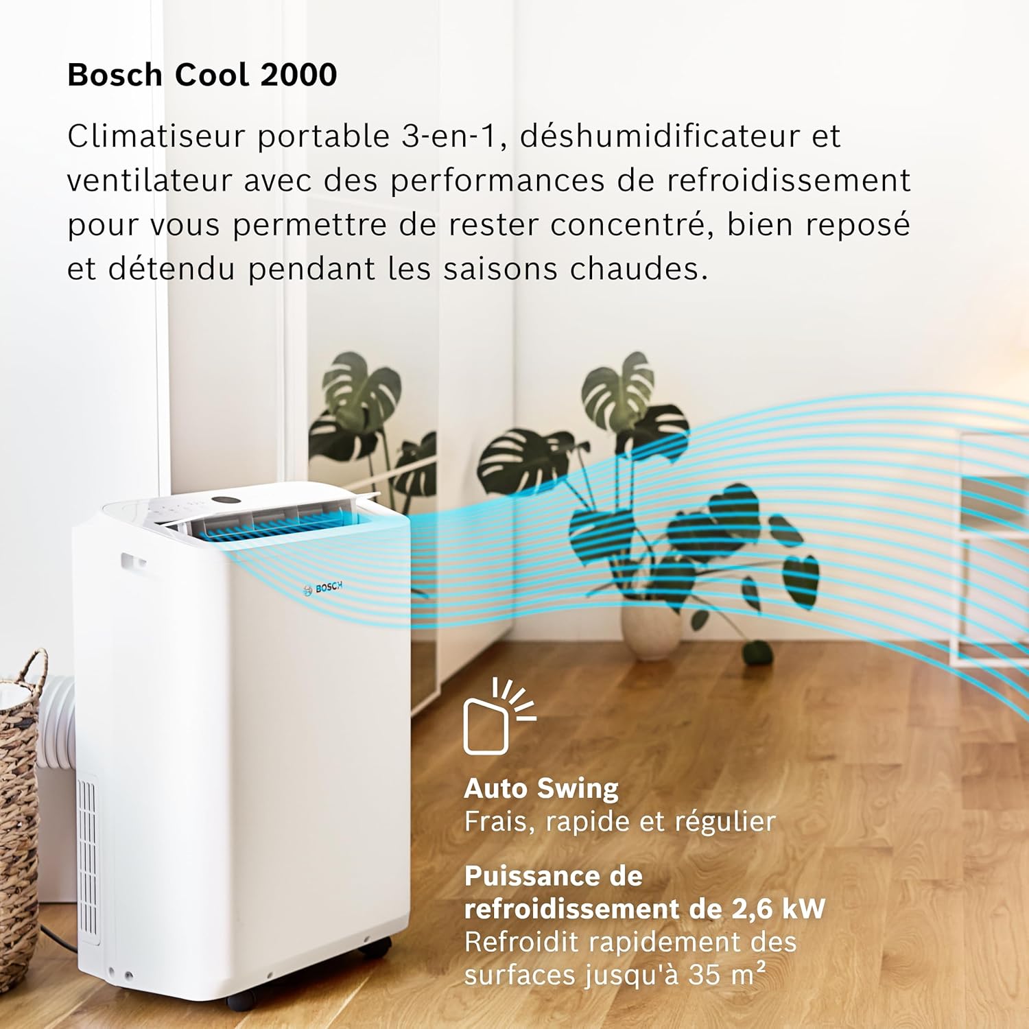 Bosch Cool 2000 Portable AC - 3 en 1 Climatiseur, Déshumidificateur, Ventilateur - 2,6 kW pour les pièces jusqu'à 35m² - Avec Mode Auto, Mode Silencieux et Mode Veille (46 db (A)) [Classe A]