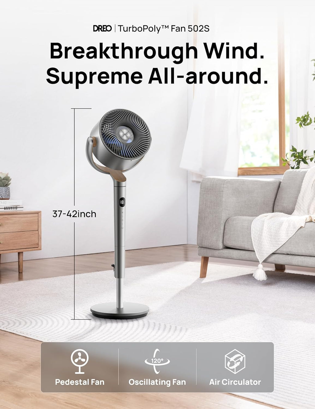 DREO 20 dB Smart Ventilateur Silencieux sur Pied, Oscillation à 120° + 120°, Ventilateurs Puissants avec Télécommande, Portée de 24 m, 6 Modes, 8 Vitesses, Minuterie de 12 h, Compatible avec Alexa