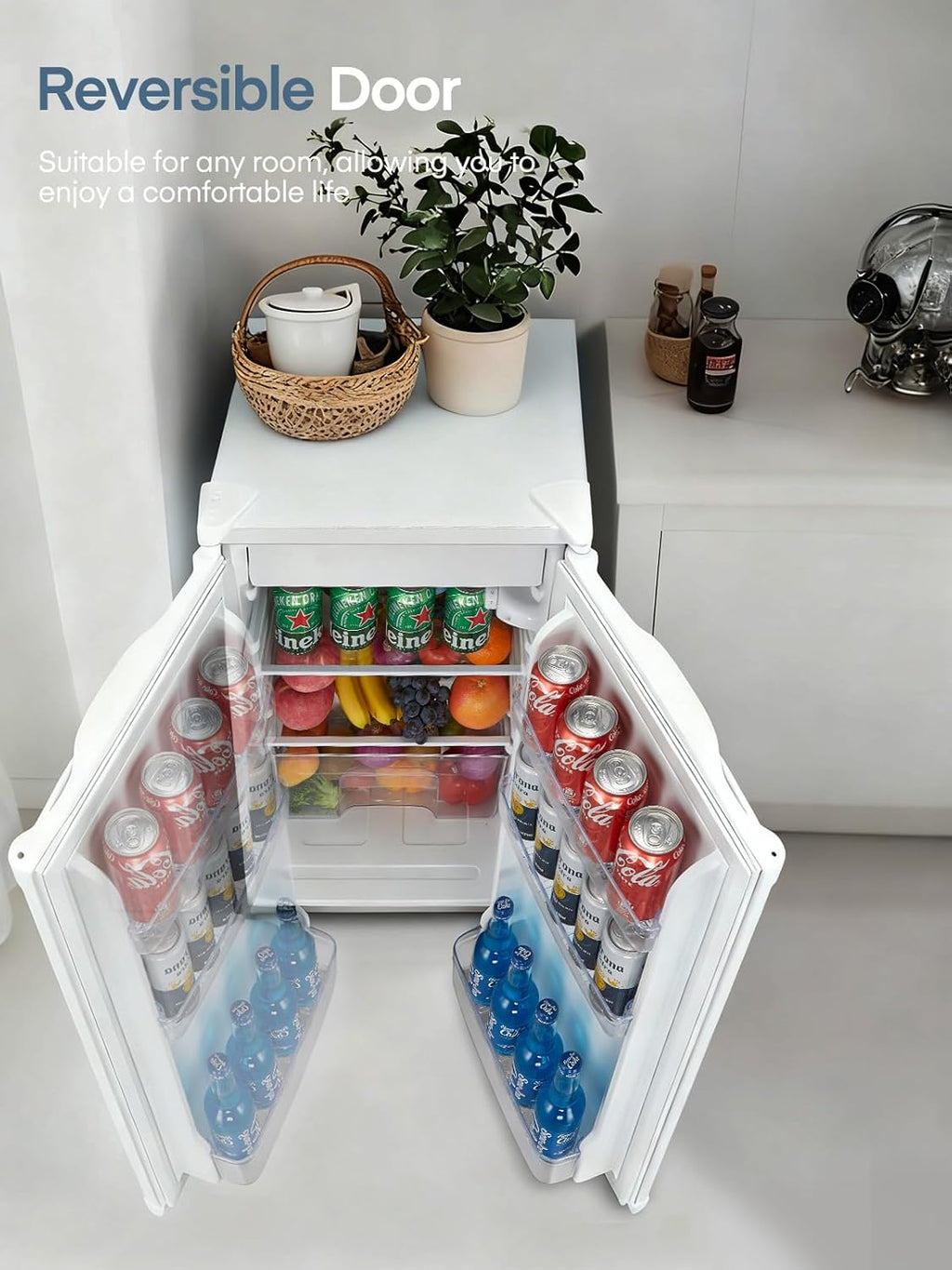 FOHERE Petit Frigo avec Congélateur de 91L, Réfrigérateur à une porte, Bac à Légumes, Thermostat Réglable, Silencieux, Petit Frigo de Bureau, Porte Réversible, Dortoir, Chambre, Blanc