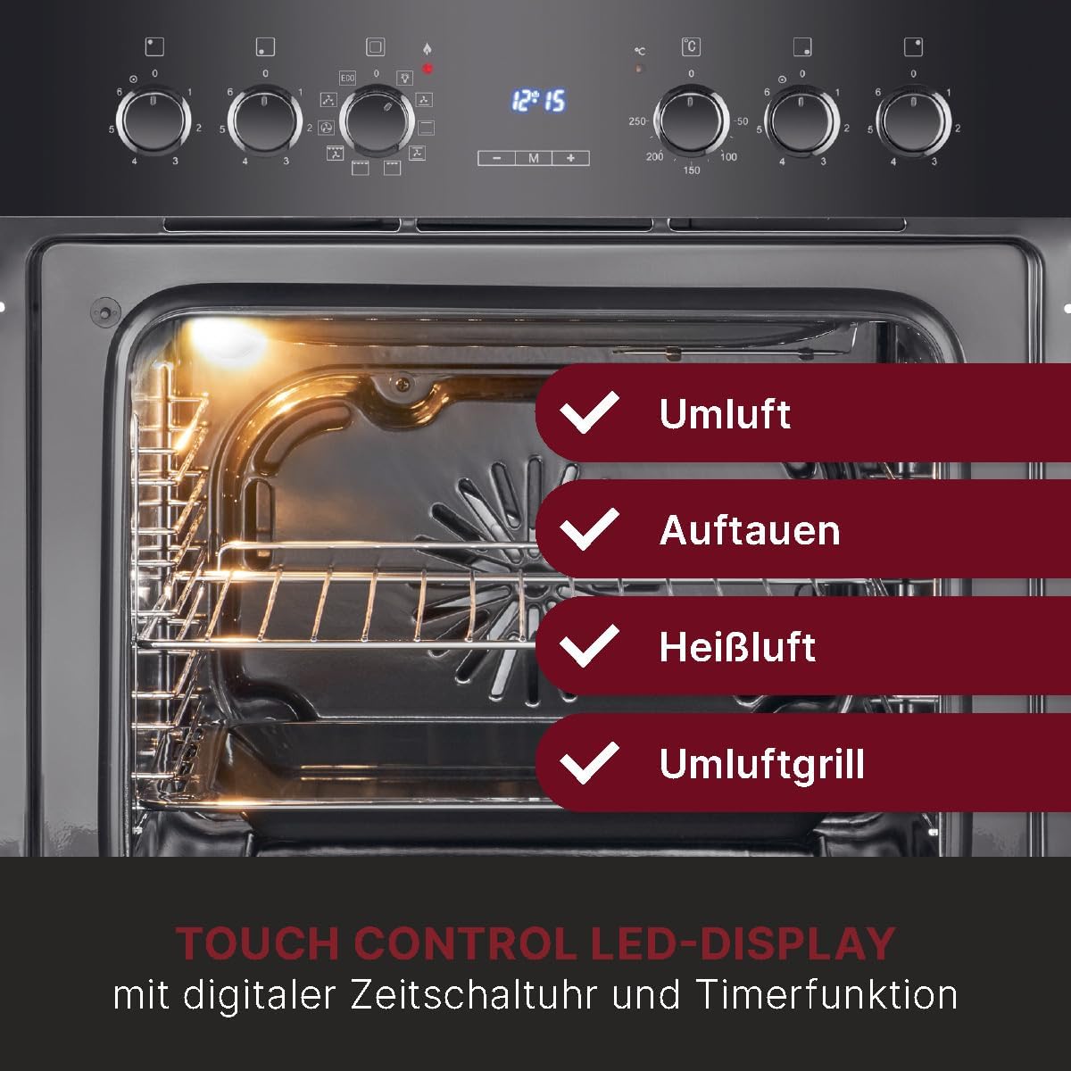 Bomann, Four avec plaque de cuisson à induction, Cuisinière encastrable avec 4 zones de cuisson et 9 fonctions de four, Capacité utile de 56 l, Thermostat réglable séparément, EHBC7937, Noir