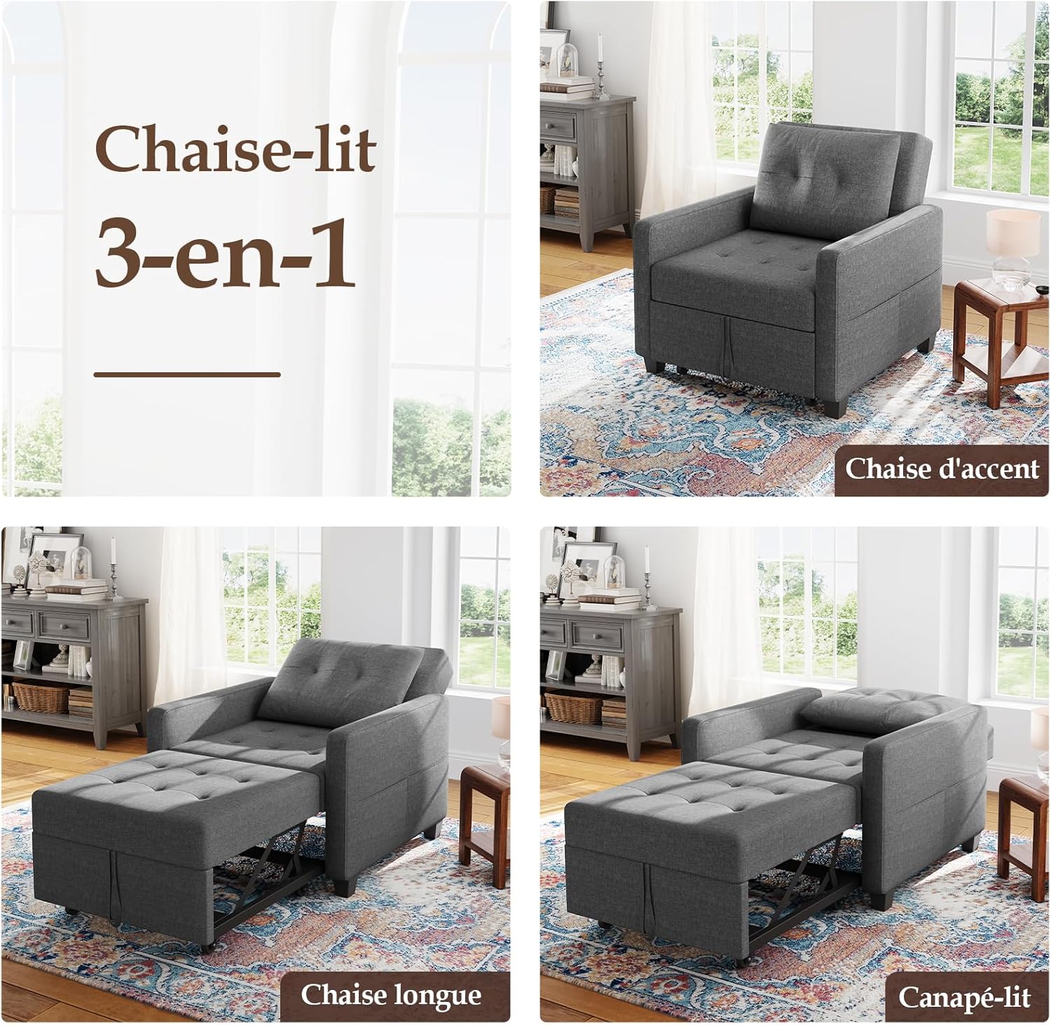Canapé-lit Compact 3-en-1, canapé Pliant & ottomane avec Fonction lit, Fauteuil Convertible jusqu'à 200 kg, canapé-lit avec revêtement Effet Lin, Fauteuil pour Salon et Chambre d'amis, Gris foncé