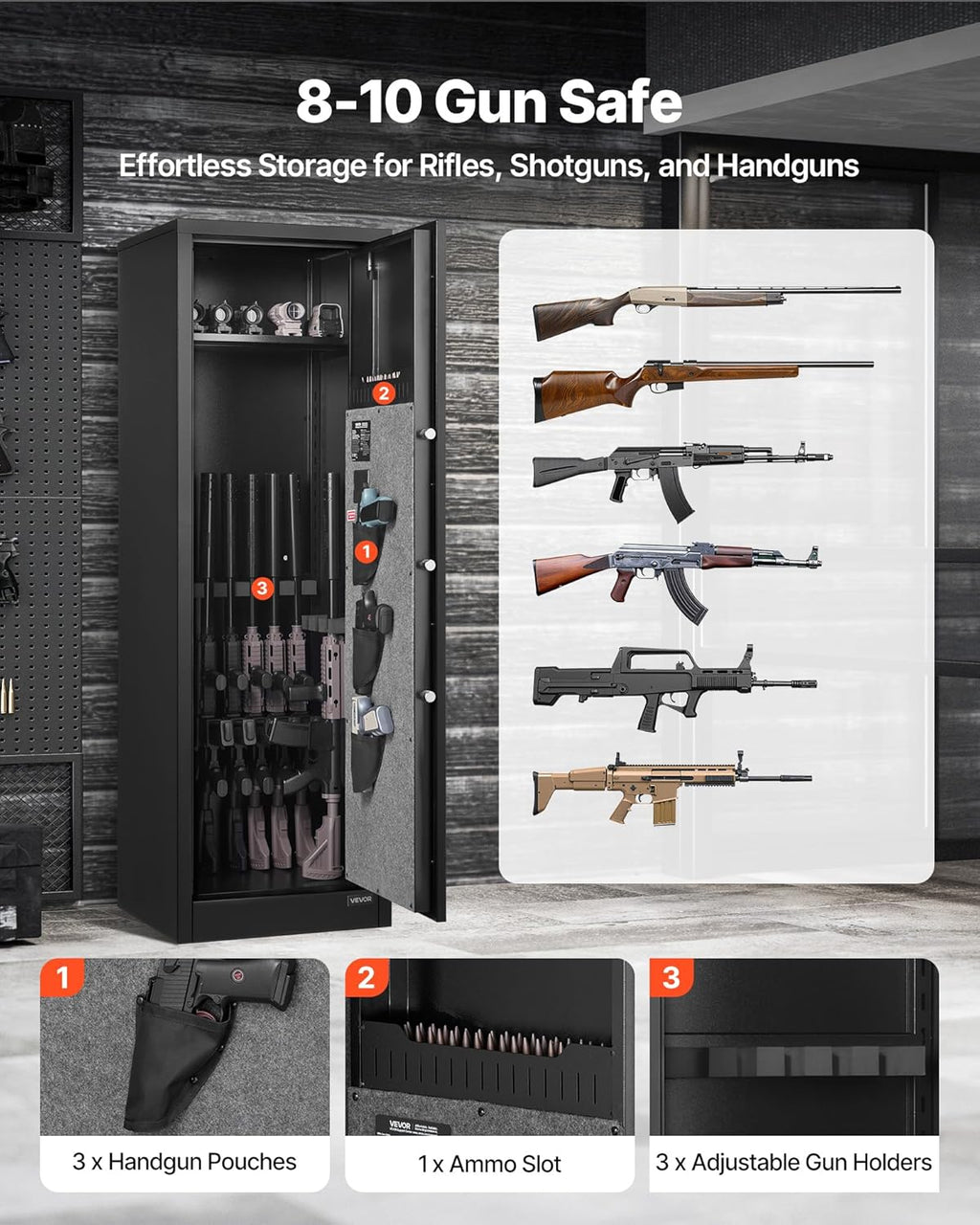 VEVOR Armoire à 8-10 Fusils, Coffre-Fort pour Armes à Feu Verrouillage par Empreinte Digitale et Mot de Passe et Clés, avec 3 Poches pour Pistolets et Supports Réglables, Accès Rapide, pour Domicile