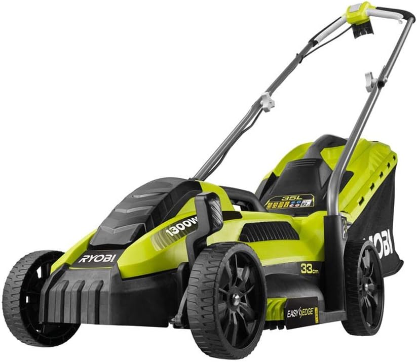 Tondeuse électrique RYOBI 1300W Coupe 33cm RLM13E33S - Bac de 35L, réglage centralisé de la Hauteur, 2-en-1 ramassage et Mulching, Ergonomique, idéale pour Jardins jusqu'à 300 m².