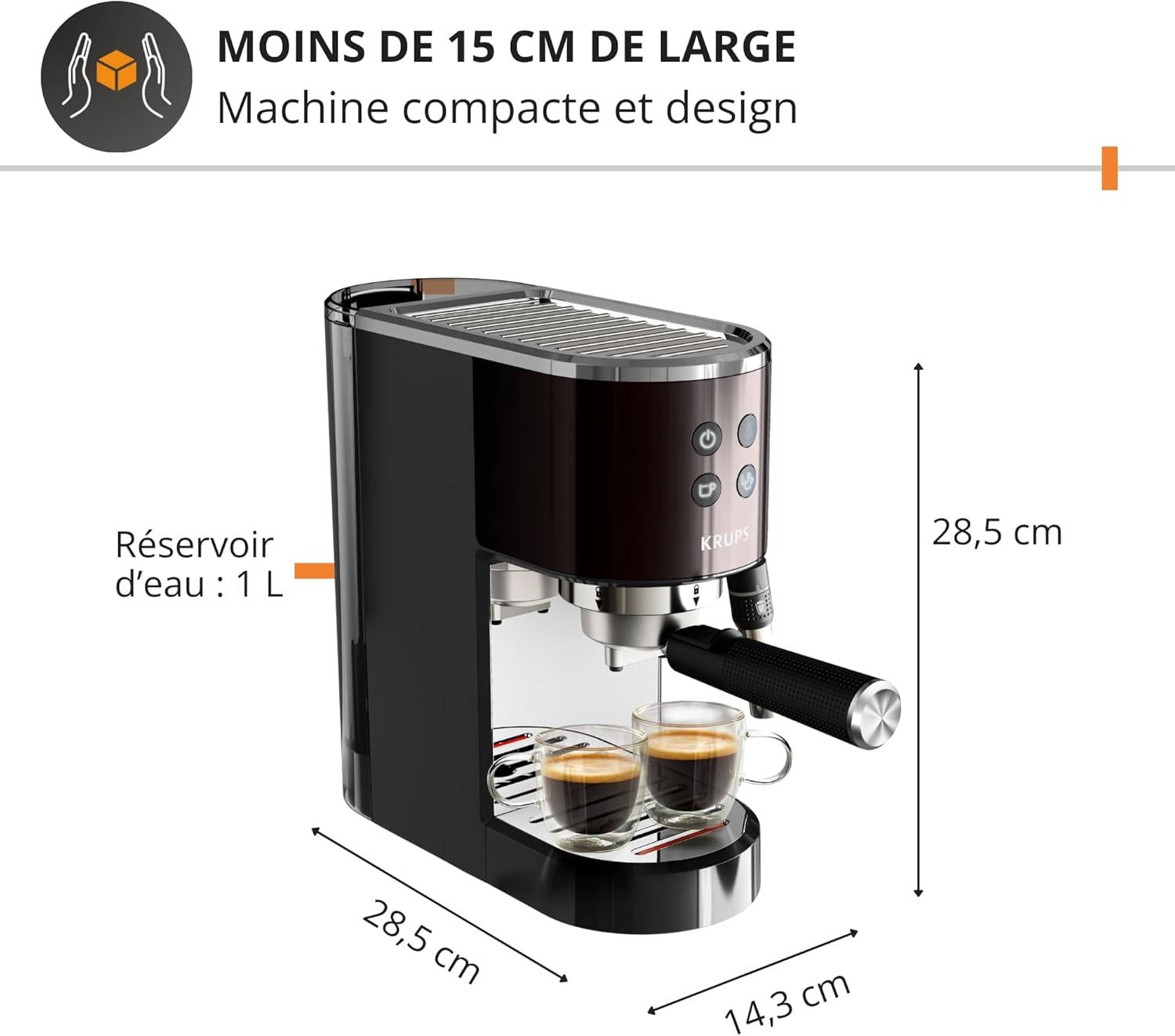 Krups Virtuoso+, Machine expresso manuelle, Café à pompe, Café moulu ou dosettes, 15 bars, Inox, Buse vapeur, Espresso et cappuccino, Noire, XP444G10