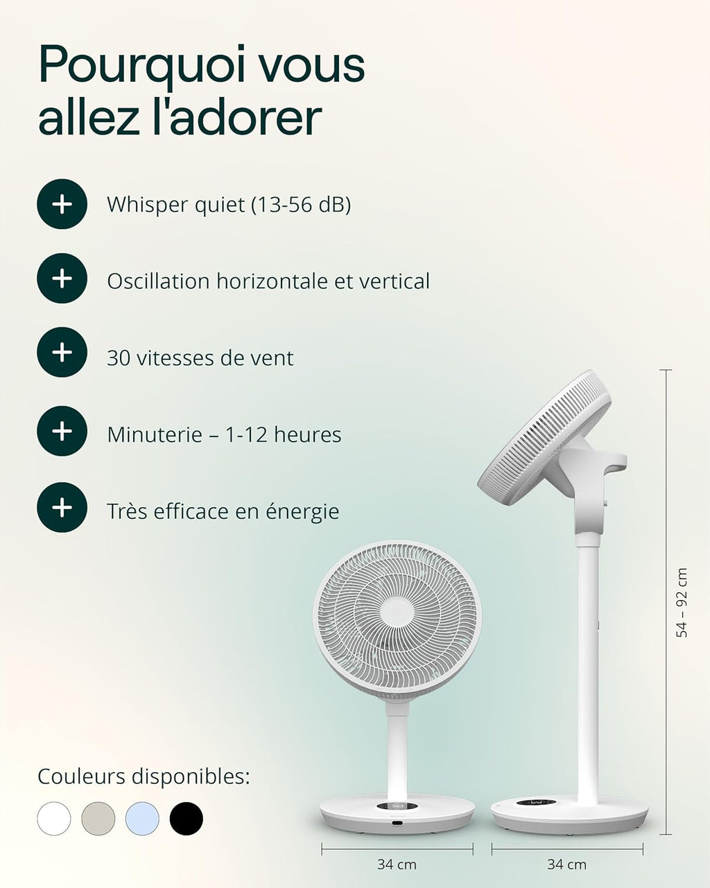 Duux Whisper Flex 2 Ventilateur – Ultra Silencieux 13 dB – Mode Nuit & Minuterie – Hauteur Réglable (54–92 cm) – Économe dès 2W – Commande sur le Ventilateur & Télécommande – Blanc