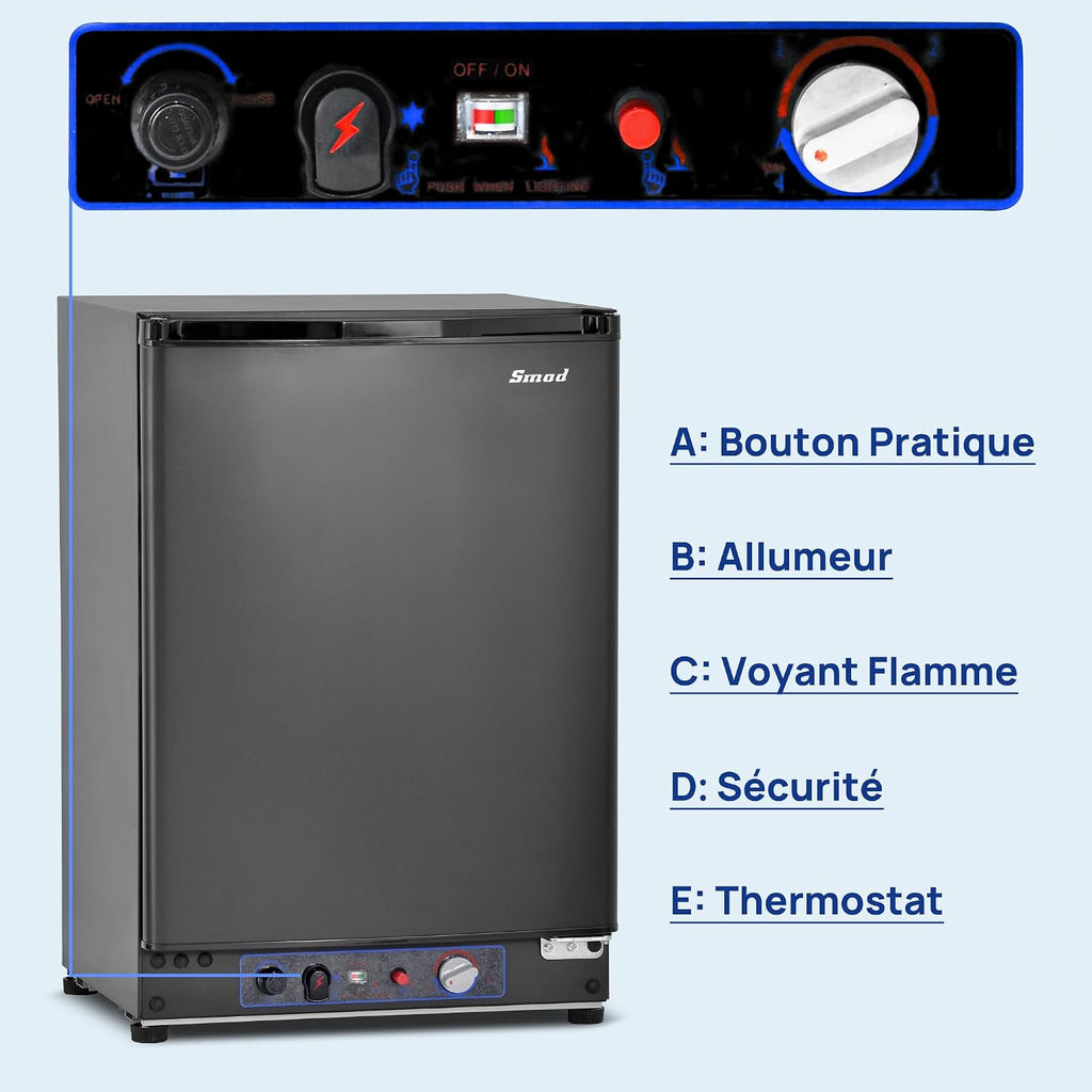 Smad Frigo Gaz Camping Car, 60L, Frigo Trimixte 12V 220V Gaz, Réfrigérateur Silencieux pour Camping-car, Caravane, Gîte, Mobile-home, Noir