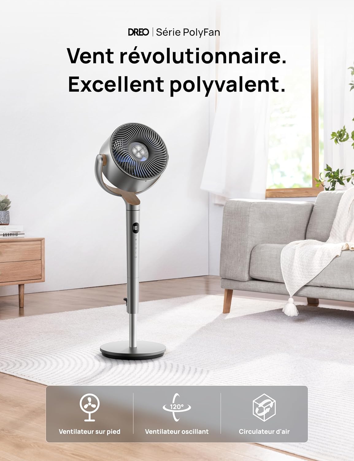 DREO 23dB ventilateur sur pied silencieux, portée de 24M, volume d'air 1200m³/h, turbo circulateur, hauteur de 102CM, 3 modes, 8 vitesses, oscillation omnidirectionnelle 120°+120°, PolyFan 502