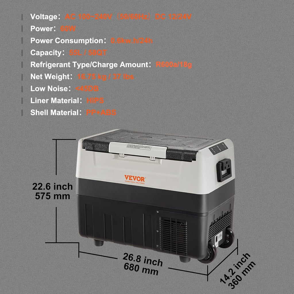 VEVOR Glacière Électrique Portable de 55 L Réfrigérateur de Voiture Portable 12/24 V CC 100-240 V CA Frigo Voiture Double Zone 0,6 kW.h -20 °C à 10 °C Réglable Congélateur pour Camion Bateau Camping
