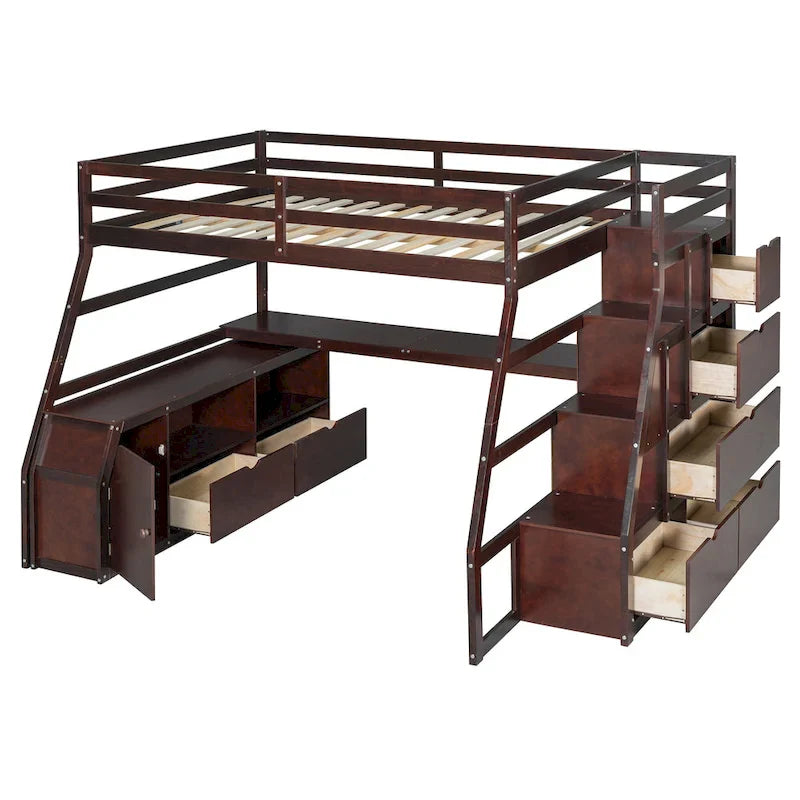 Full Pine Loft Bed with Desk and Storage