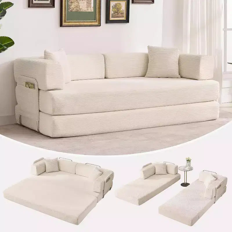 5-in-1 Convertible Sofa Bed, 78.8 Modular Corduroy Sleeper with Sturdy Frame, Multi-Functional Futon for Small Space, Living Room & Guest Room