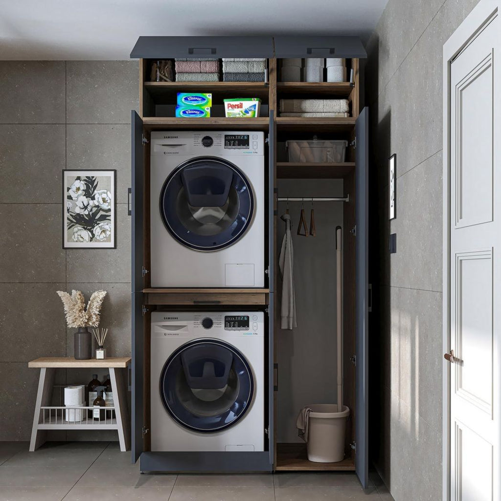 ROOMART Dora - Meuble pour machine à laver - Pour sèche-linge et machine à laver - En 4 couleurs - Avec portes et panneau coulissant - Blanc - Chêne blanc - Chêne anthracite - Chêne blanc (chêne blanc)