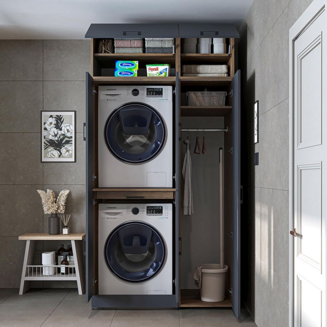 ROOMART Dora - Meuble pour machine à laver - Pour sèche-linge et machine à laver - En 4 couleurs - Avec portes et panneau coulissant - Blanc - Chêne blanc - Chêne anthracite - Chêne blanc (chêne blanc)