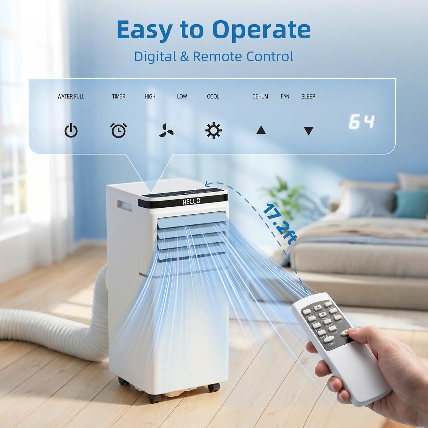 Climatiseur portable 8000 BTU, télécommande, mode ventilateur, refroidit 350 m², minuterie 24 heures, fonctionnement silencieux, fenêtre, 2 vitesses de ventilateur pour chambre à coucher, bureau