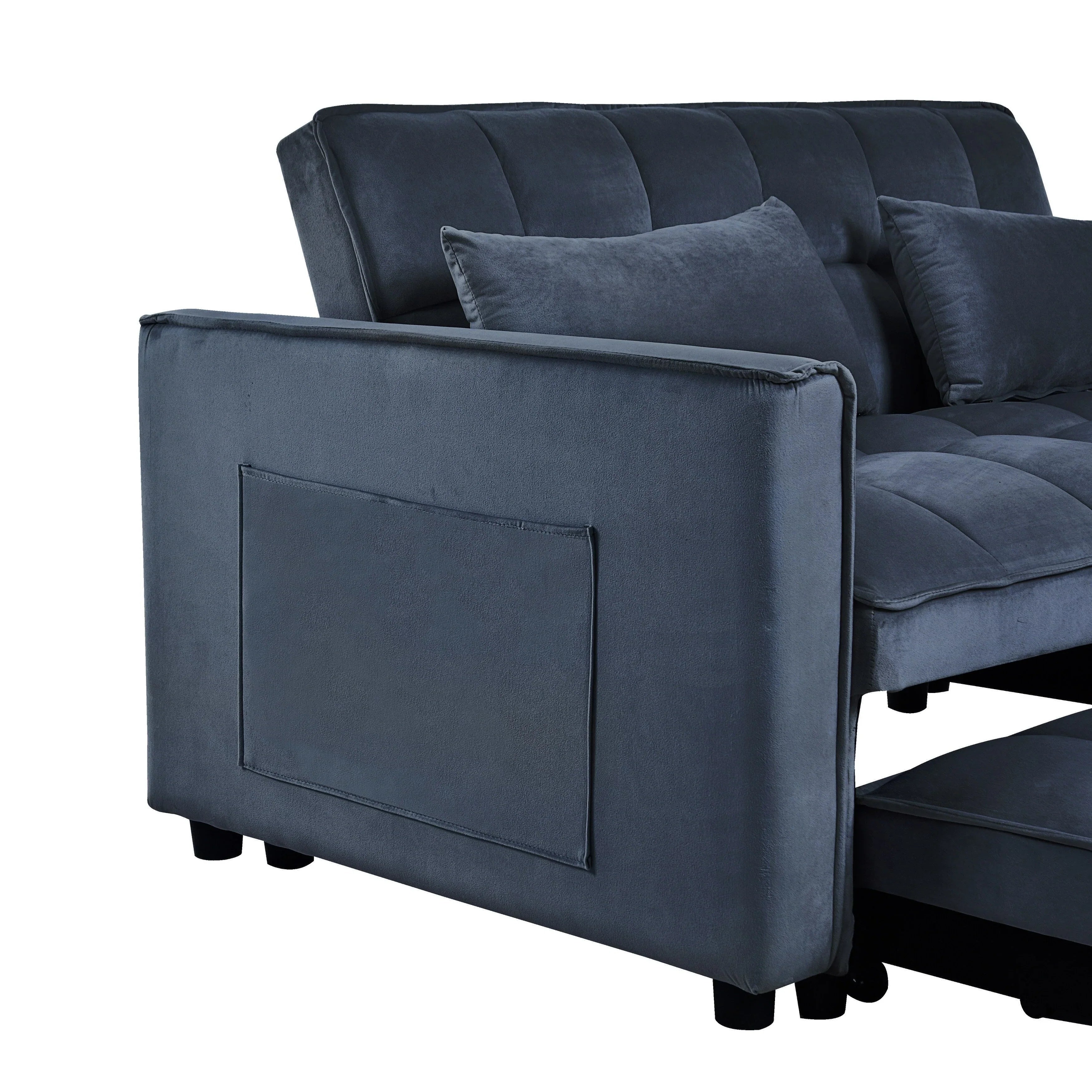 Modern Pull-Out Couch Bed, 3-in-1 Sleeper Sofa with Adjustable Backrest, Velvet Loveseat, Pillows & Side Pockets