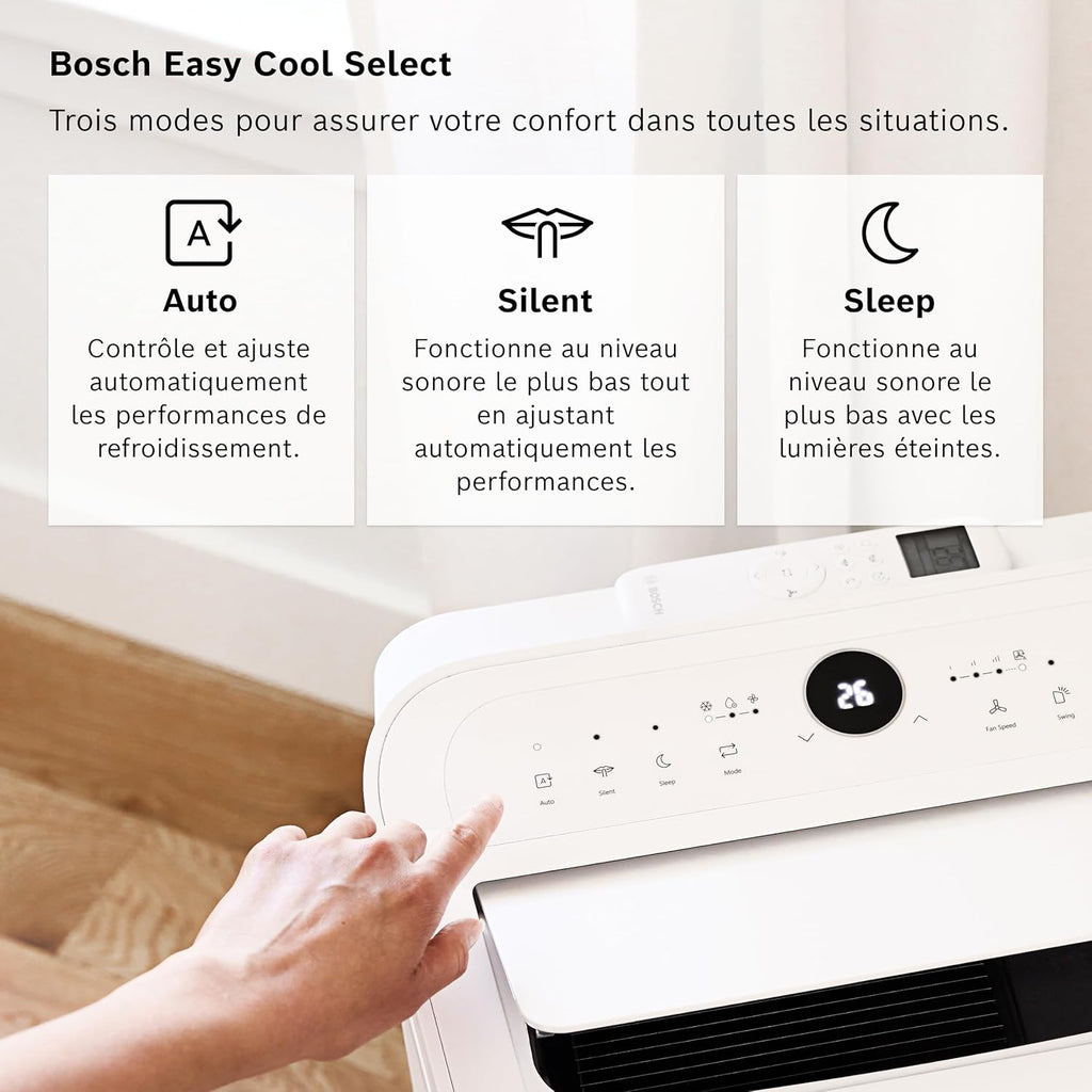 Bosch Cool 2000 Portable AC - 3 en 1 Climatiseur, Déshumidificateur, Ventilateur - 2,6 kW pour les pièces jusqu'à 35m² - Avec Mode Auto, Mode Silencieux et Mode Veille (46 db (A)) [Classe A]